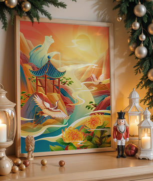 Mystical landscape with cranes and serene mountains