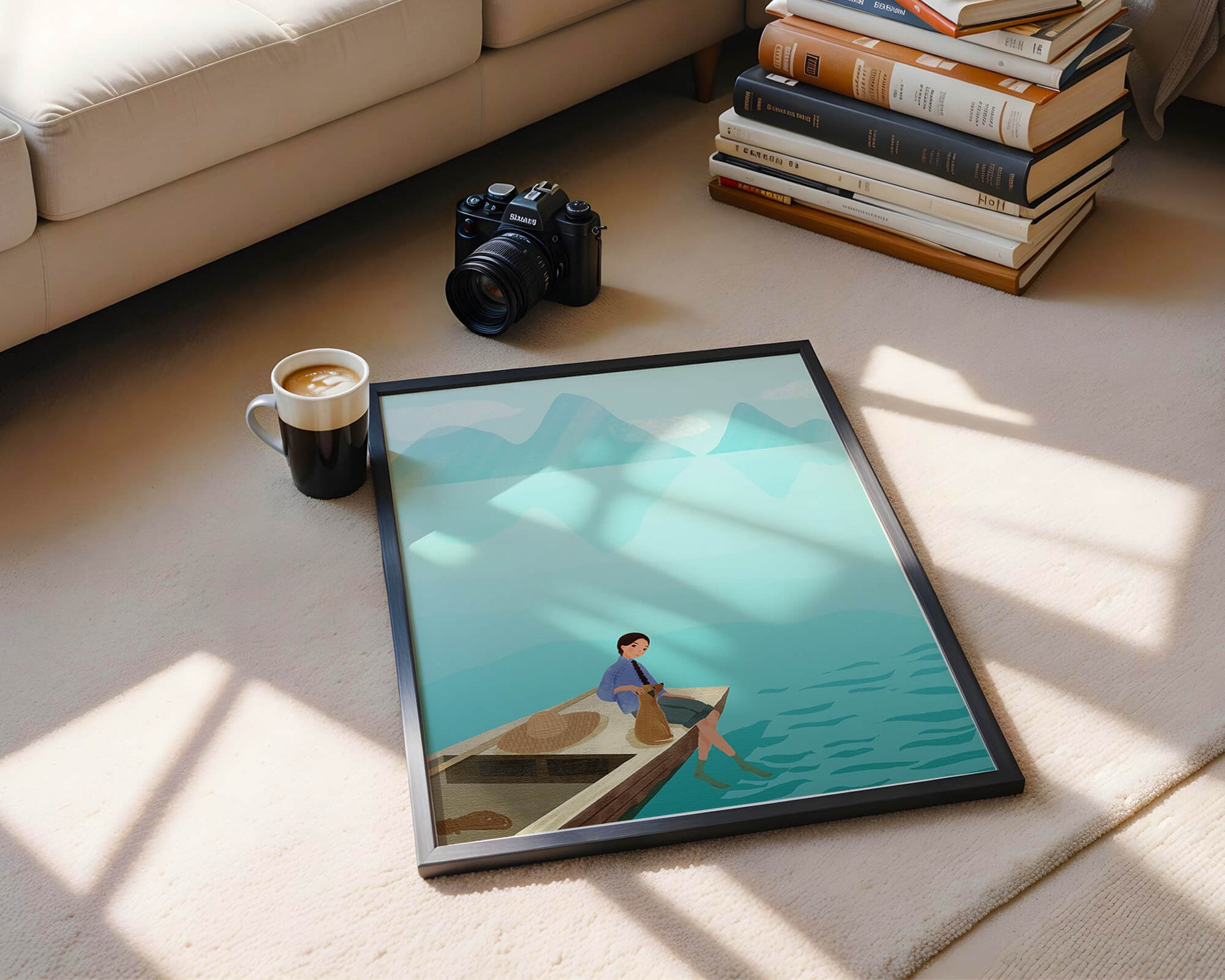 Serene scene with woman and dog on a boat by tranquil waters