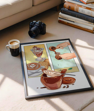 Ilustración artística de café y postre con detalles dorados