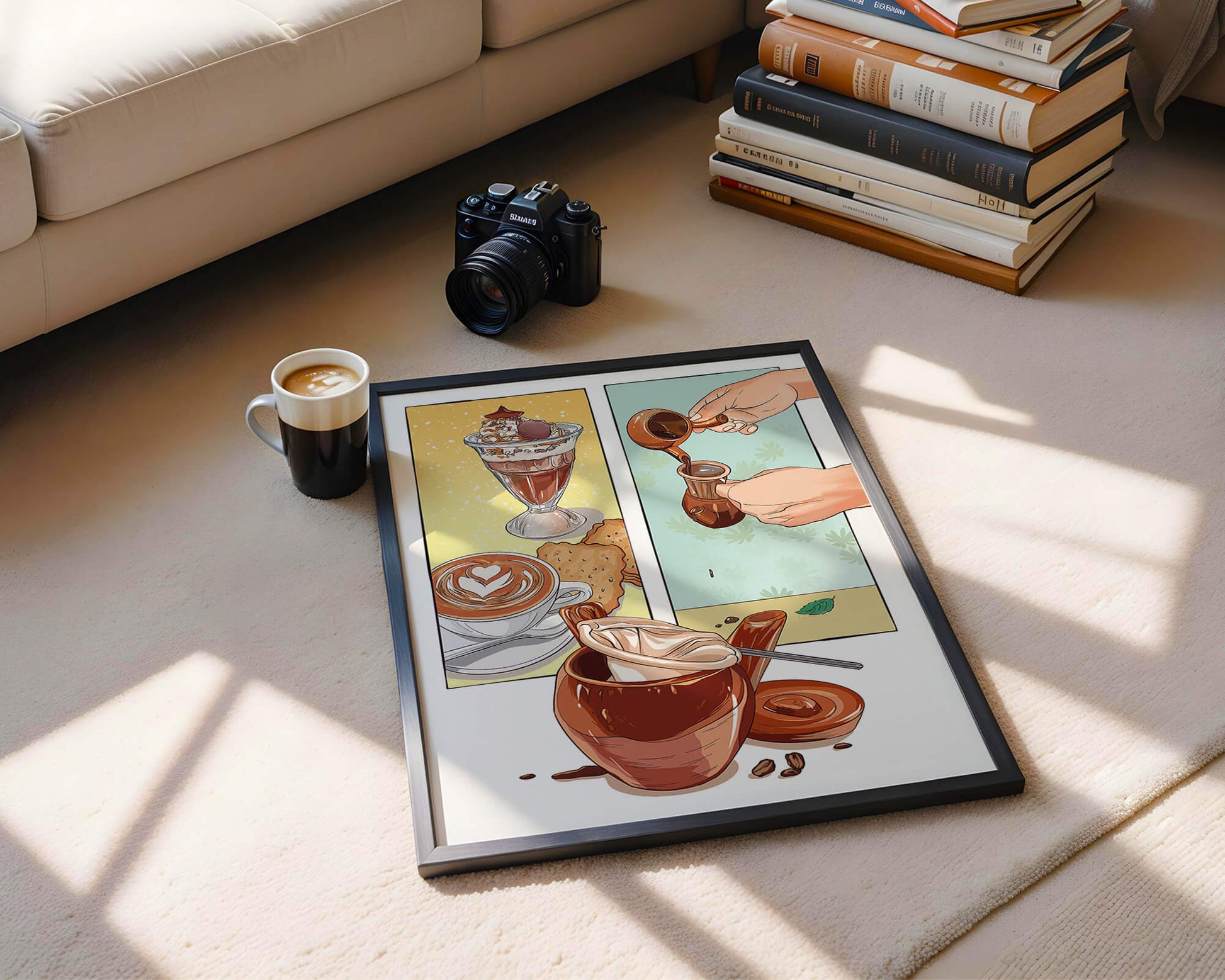 Ilustración artística de café y postre con detalles dorados