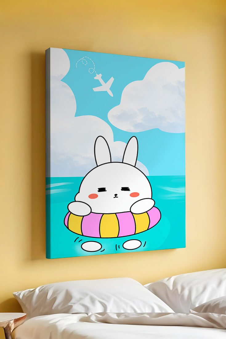 Illustration of a cute bunny floating on a colorful inflatable in a blue ocean under a bright sky with an airplane