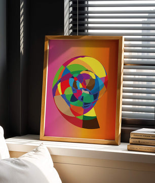 Vibrant abstract geometric shape with multicolored spiral on gradient background