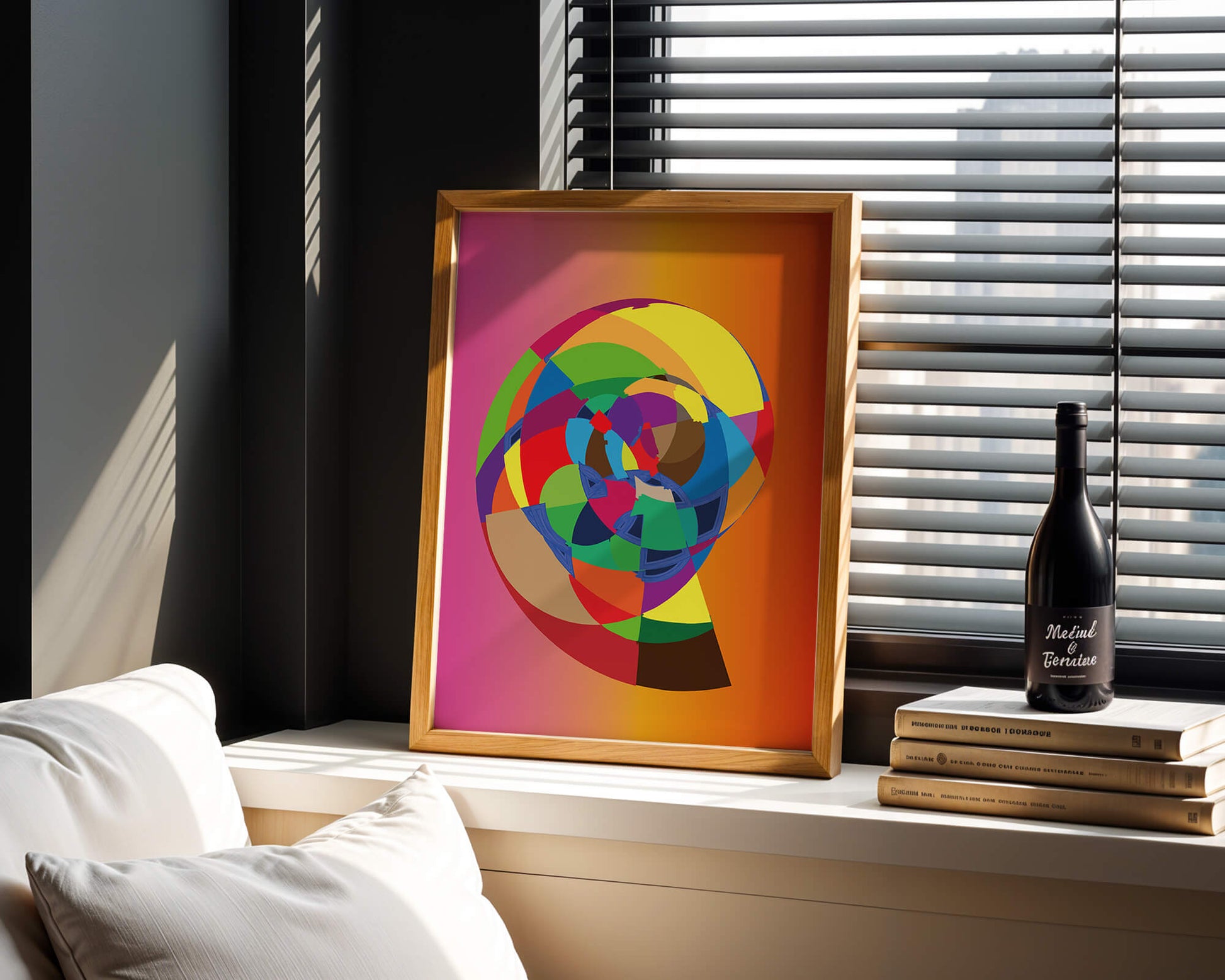 Vibrant abstract geometric shape with multicolored spiral on gradient background