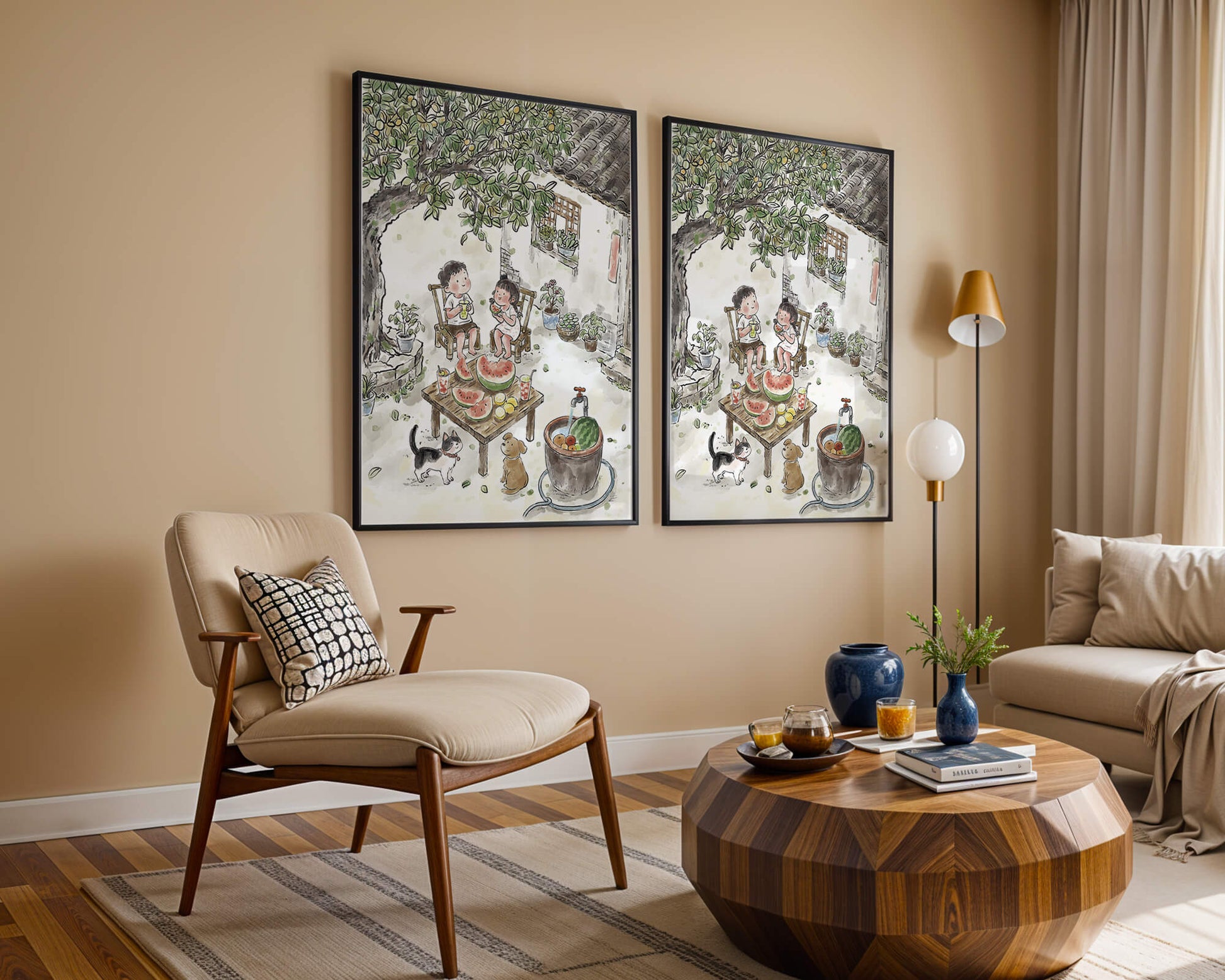 Encuentro acogedor en el patio trasero de verano con sandía y mascotas