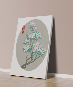 Obra floral delicada con magnolias en flor en estilo oriental