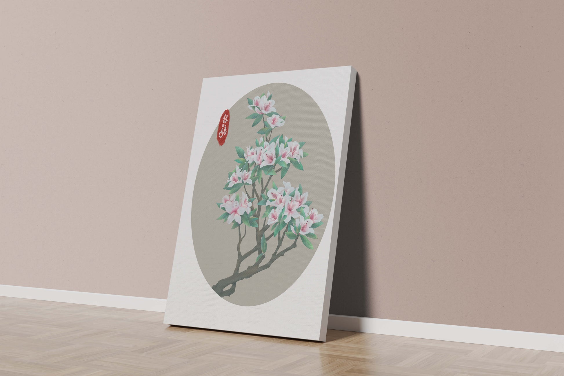 Obra floral delicada con magnolias en flor en estilo oriental