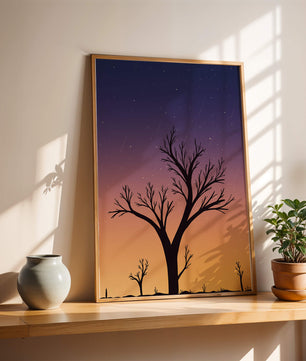 Silhouette Of Tree Against Stunning Sunset Sky With Stars