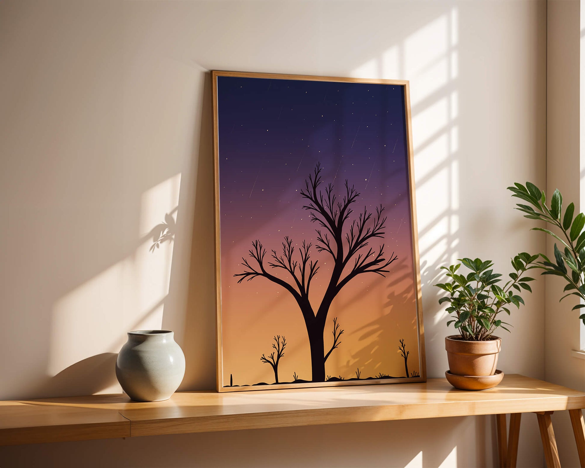 Silhouette Of Tree Against Stunning Sunset Sky With Stars