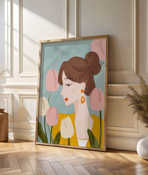 Illustration d'une femme avec des tulipes et des boucles d'oreilles élégantes