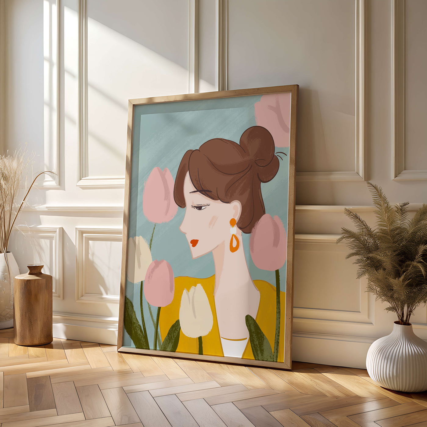 Illustration of a woman with tulips and elegant earrings