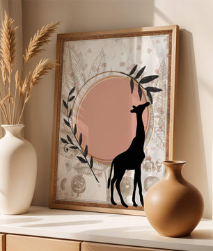 Von der Natur inspiriertes Kunstwerk mit Giraffensilhouette und botanischen Elementen