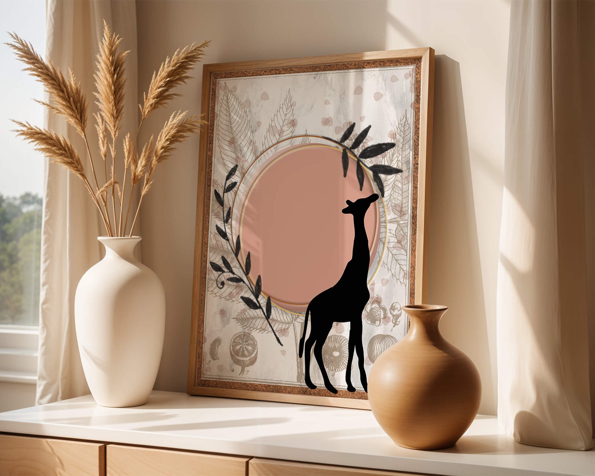 Nature-inspired artwork with giraffe silhouette and botanical elements