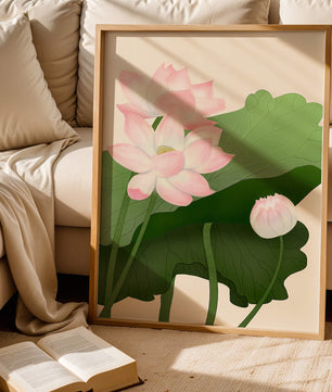 Delicate pink lotus flowers with verdant green leaves