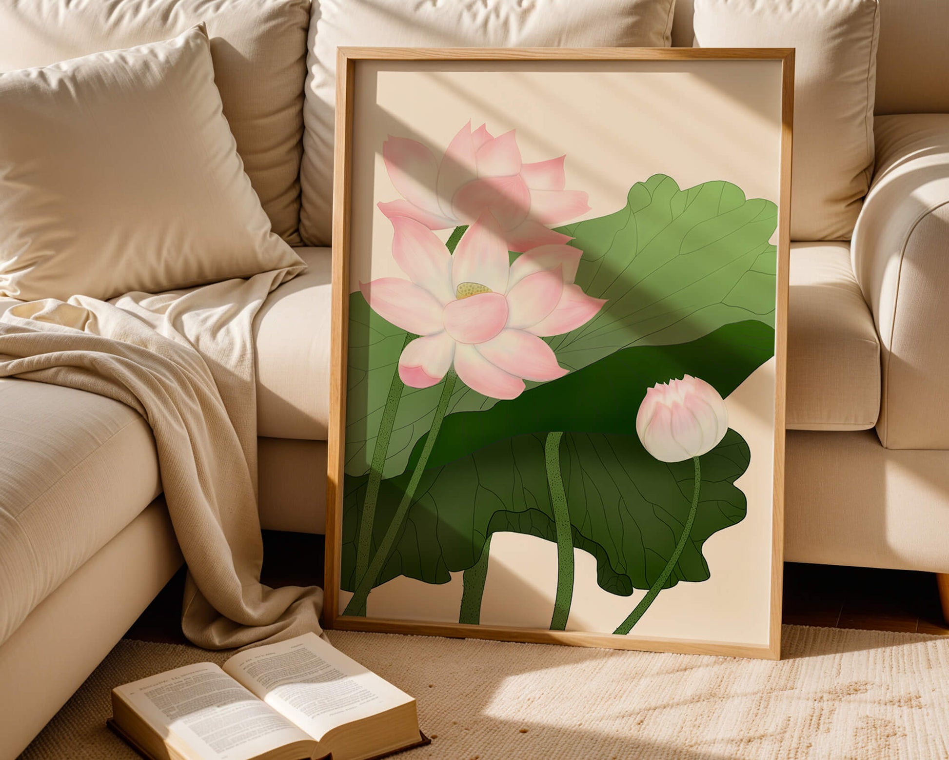 Delicate pink lotus flowers with verdant green leaves