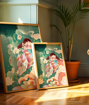 Whimsical scene of a girl riding a dragon through clouds