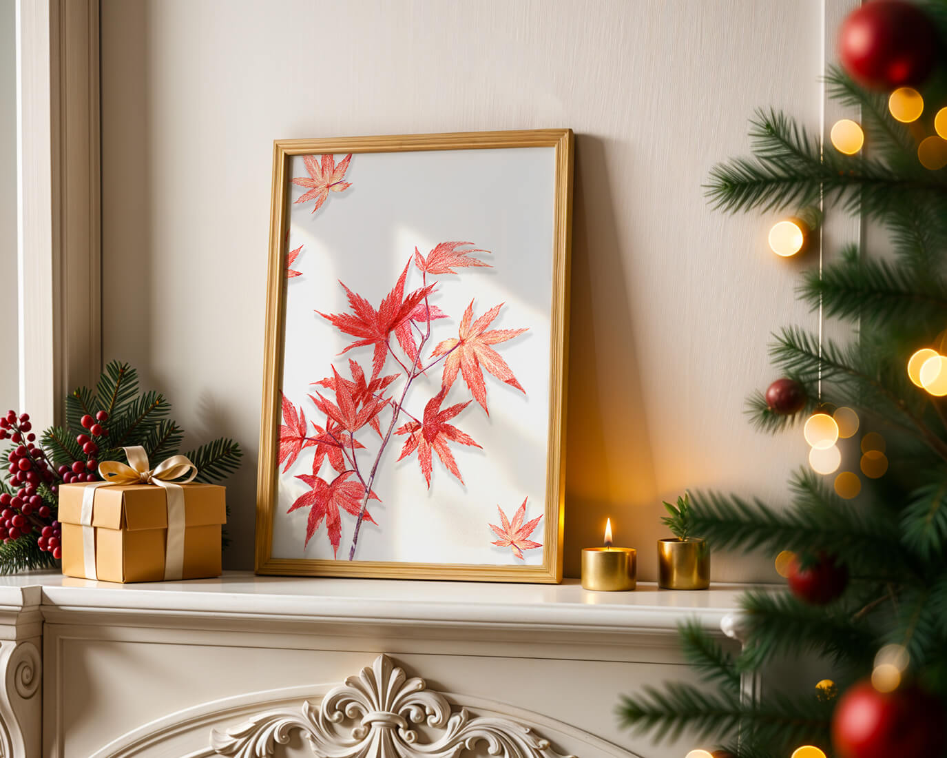 Delicate red maple leaves on white background