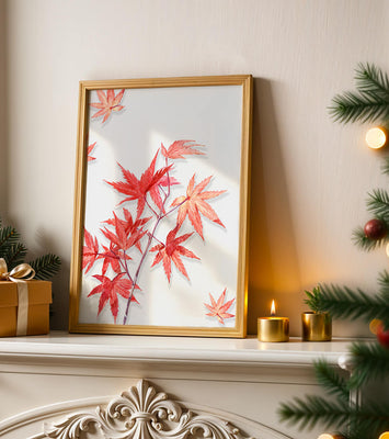 Delicate red maple leaves on white background