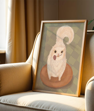 Illustration of fluffy cat with rose on a cushion