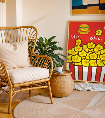 Playful illustration of popcorn and burger characters on a red background