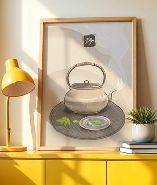 Traditional Japanese teapot with steaming tea and serene setting