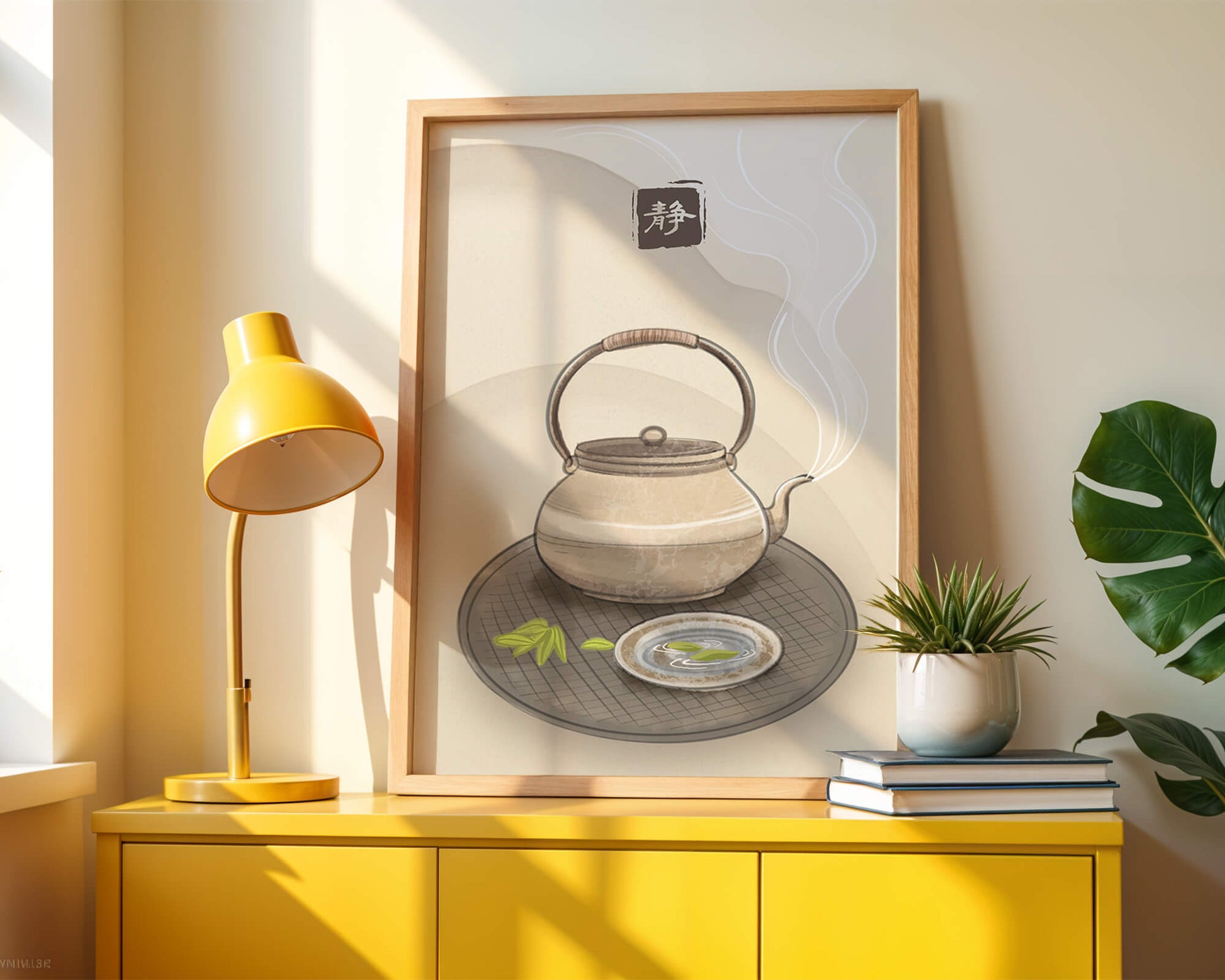 Tetera japonesa tradicional con té humeante y ambiente sereno