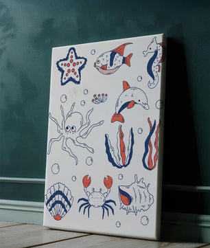 Colorful marine life illustration featuring sea creatures on a dark background