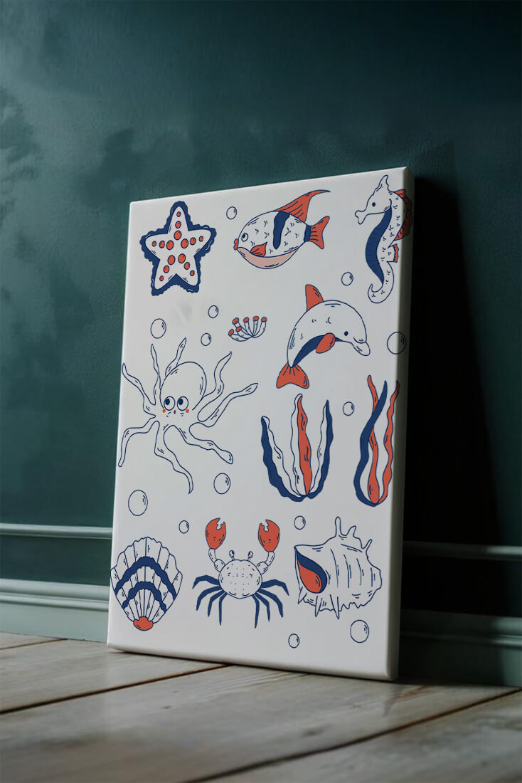 Colorful marine life illustration featuring sea creatures on a dark background