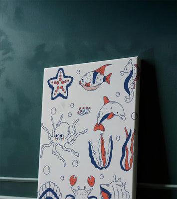 Colorful marine life illustration featuring sea creatures on a dark background
