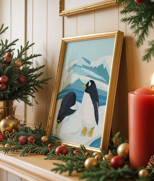 Gentoo penguins in an Antarctic landscape illustration