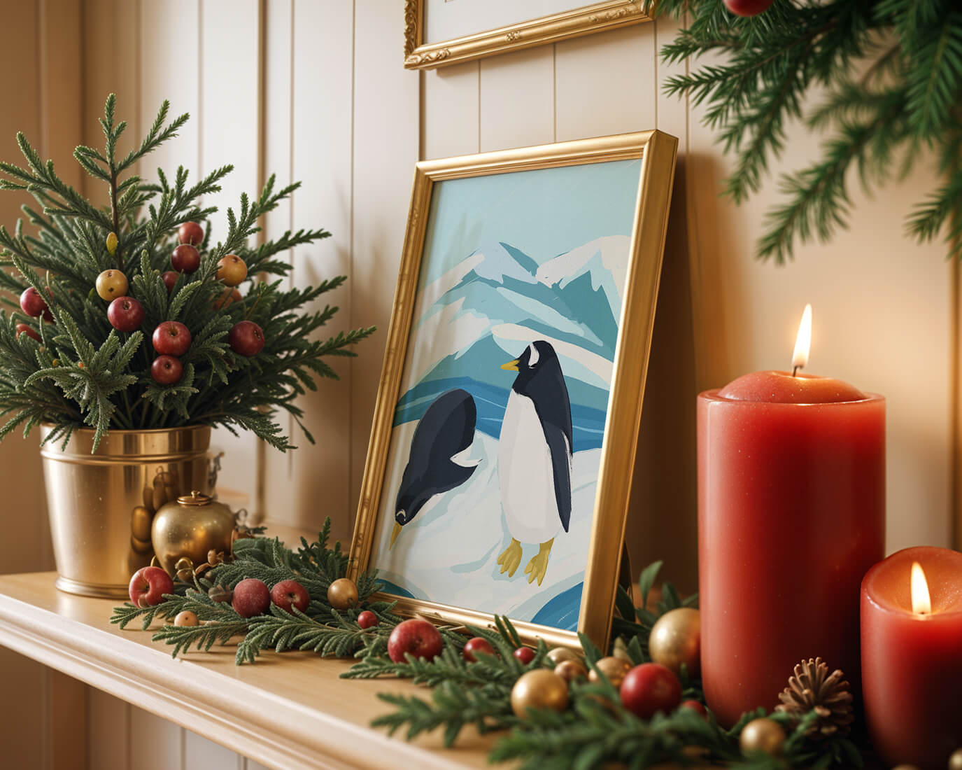 Gentoo penguins in an Antarctic landscape illustration