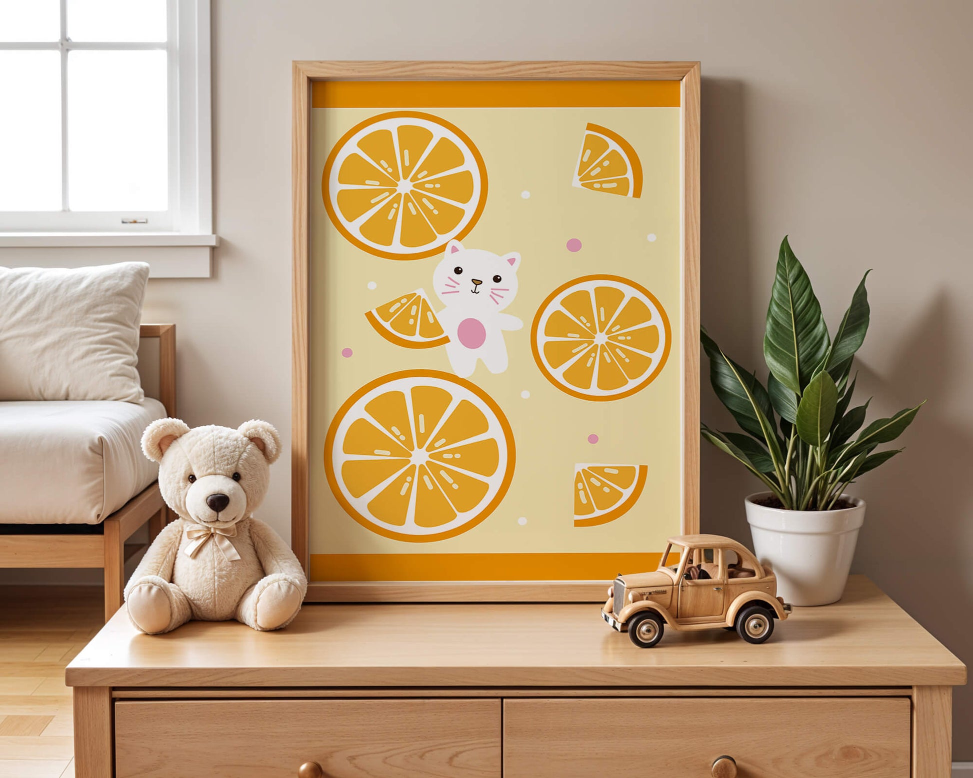 Illustration of a playful cat with orange slices on a colorful background