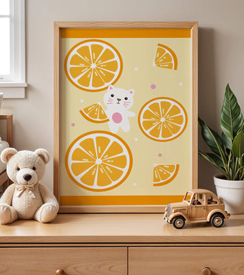 Illustration of a playful cat with orange slices on a colorful background