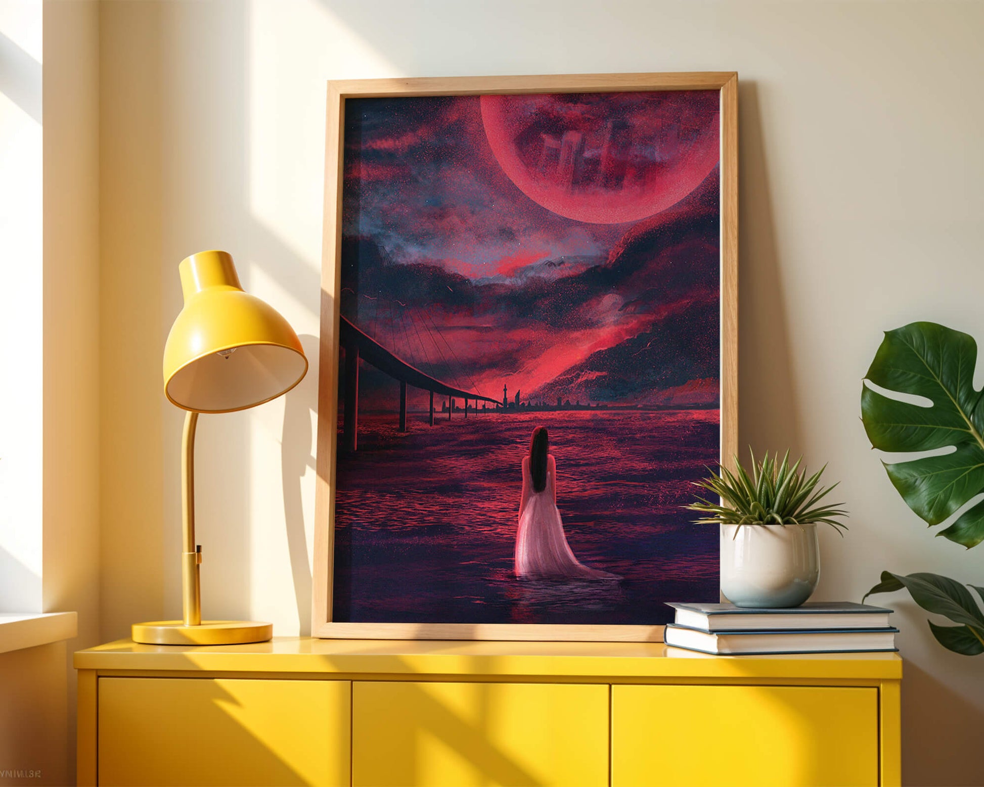 Dreamlike landscape with bridge and red night sky
