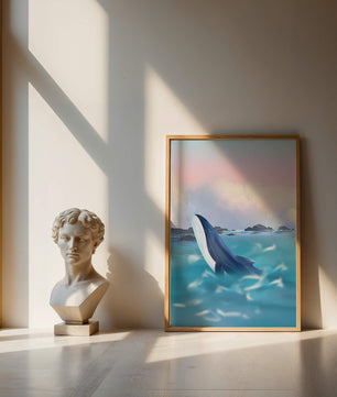 Ruhige Meeresszene mit einem majestätischen Wal, der im Morgengrauen aus dem Wasser springt