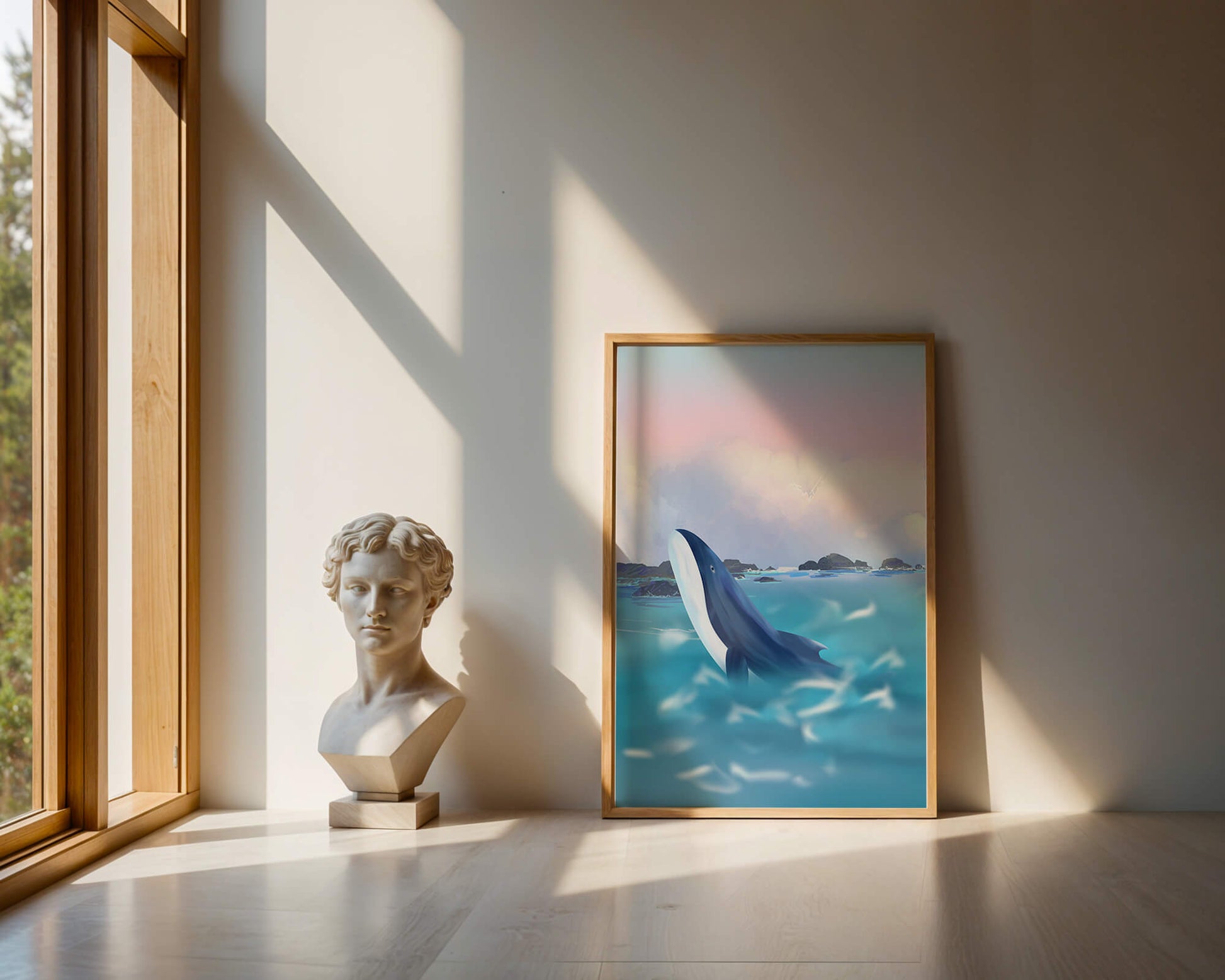 Ruhige Meeresszene mit einem majestätischen Wal, der im Morgengrauen aus dem Wasser springt