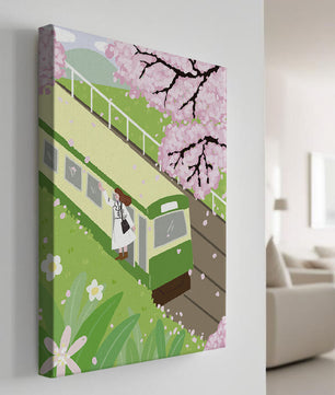 Escena de cerezos en flor y tren en un paisaje primaveral