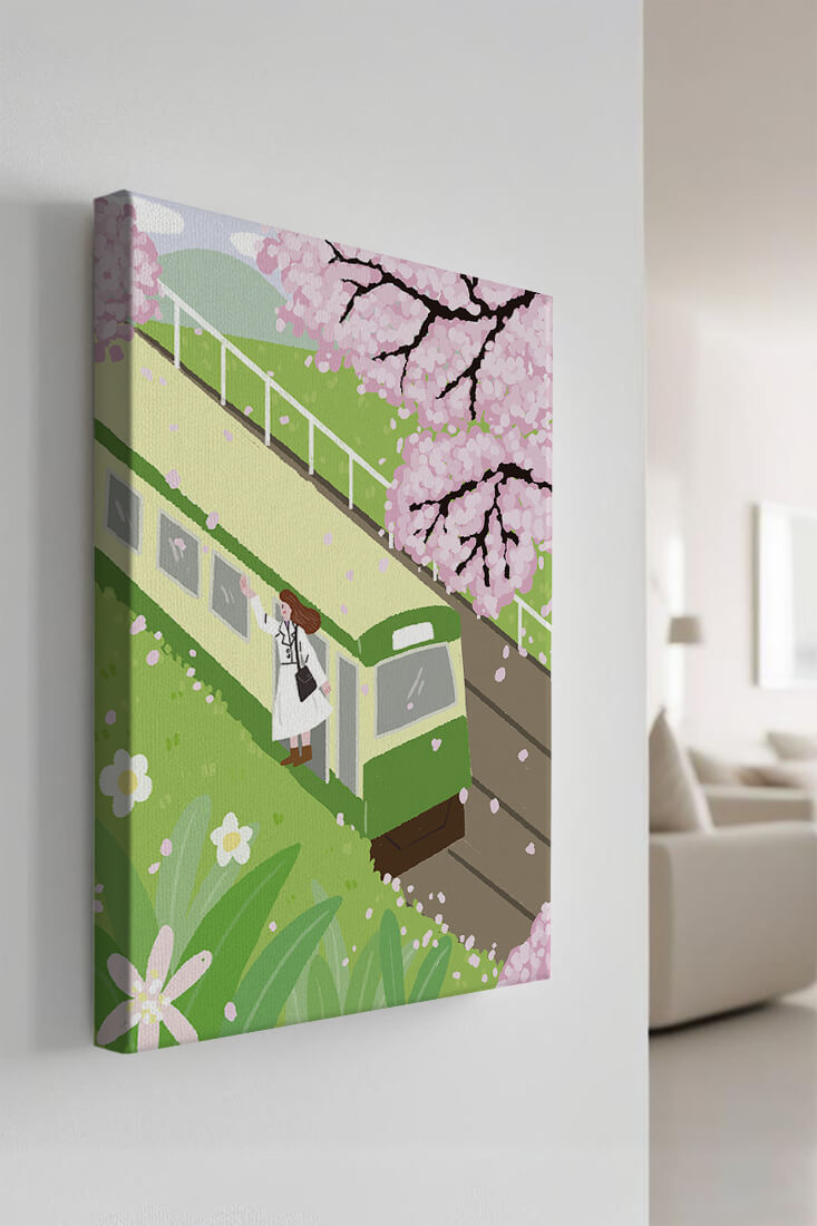 Cherry Blossoms and Train Scene in Spring Landscape