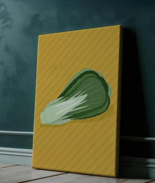 Illustrated bok choy on vibrant yellow background with stripes