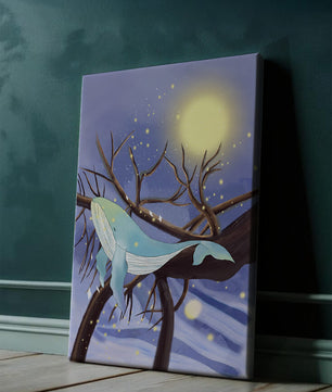 Whale resting on tree branches under starry night sky