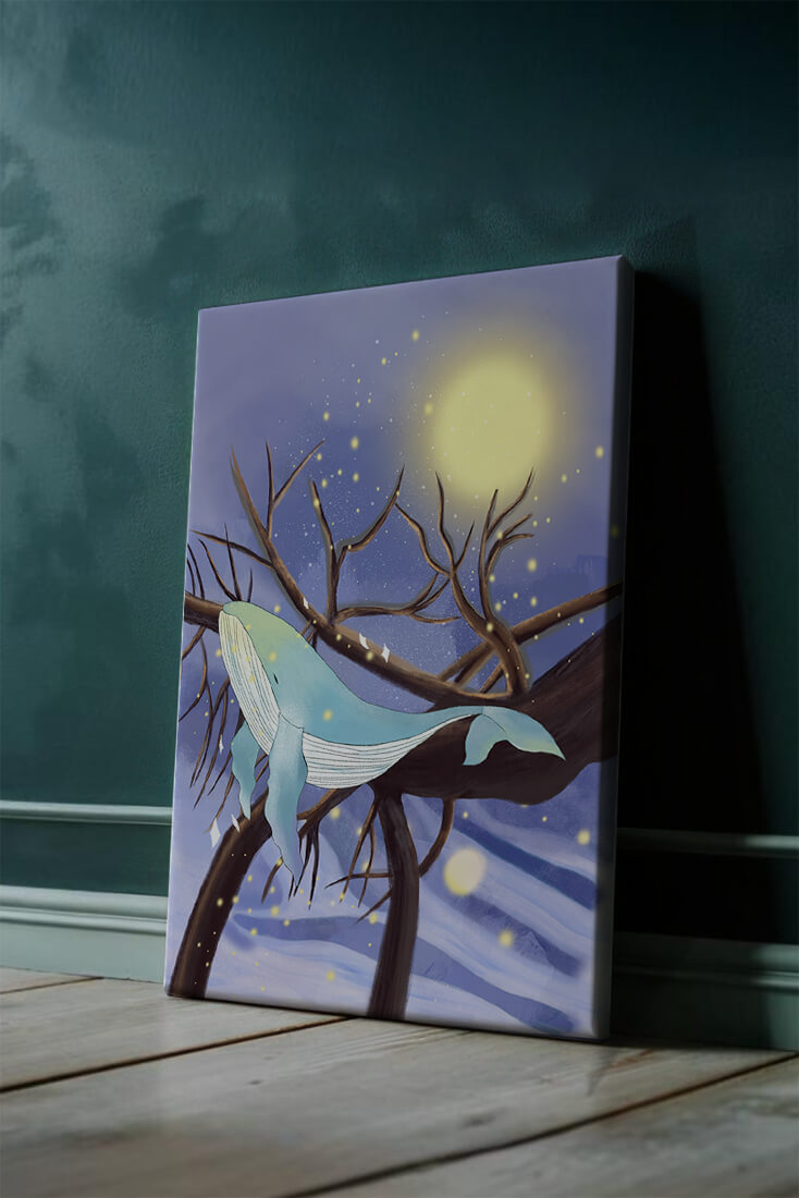 Whale resting on tree branches under starry night sky