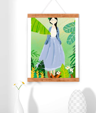 Serene illustration of a woman in nature with tropical leaves
