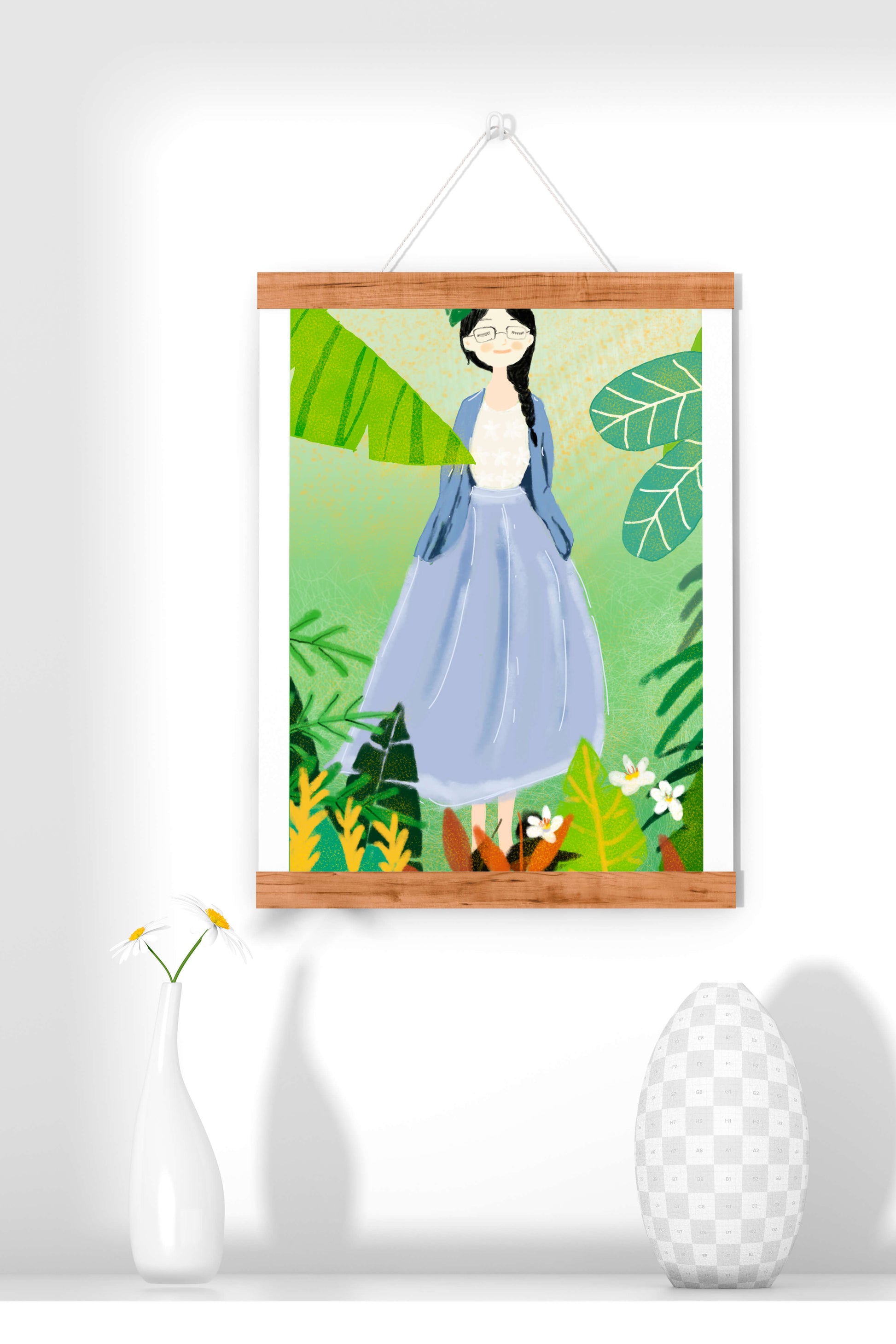 Serene illustration of a woman in nature with tropical leaves