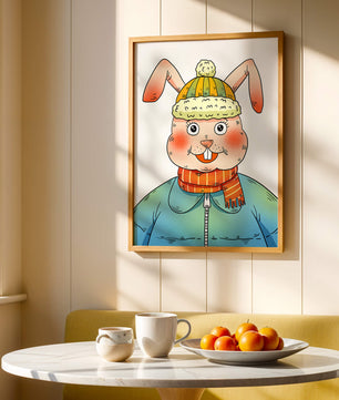 Charmantes Cartoon-Häschen mit Winteroutfit und verspieltem Ausdruck