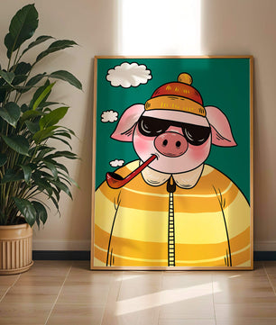 Cerdo elegante con gafas de sol y pipa contra un cielo turquesa