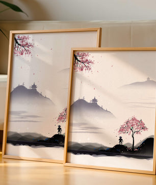 Paisaje sereno con árbol de cerezo y pagodas distantes