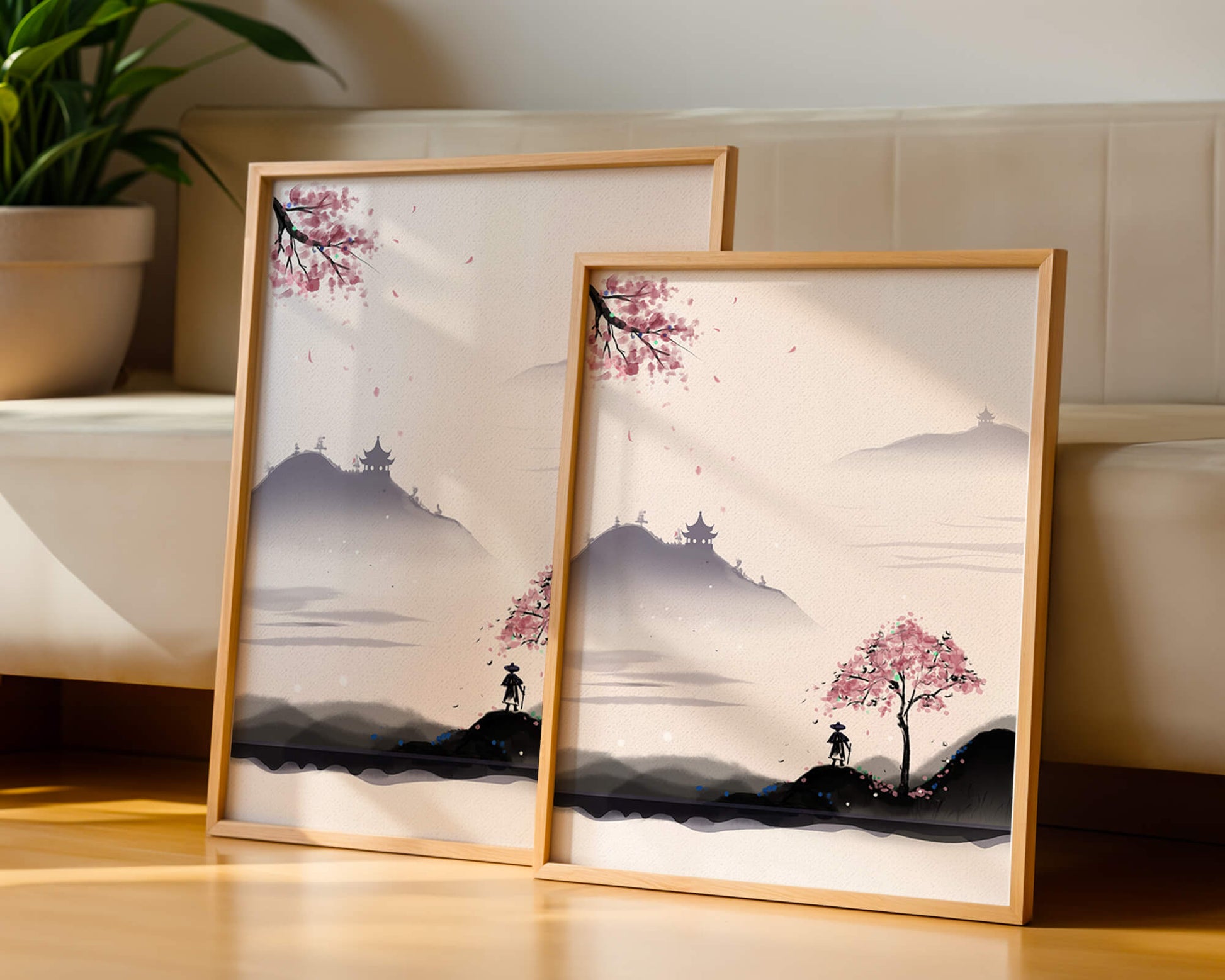 Paisaje sereno con árbol de cerezo y pagodas distantes