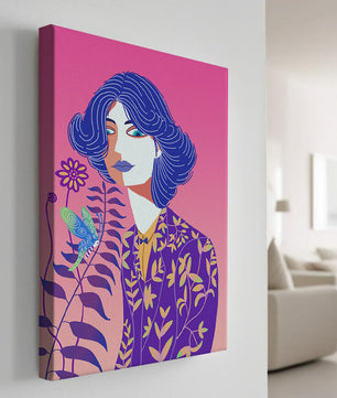 Retrato estilizado de una mujer con cabello azul y patrón botánico
