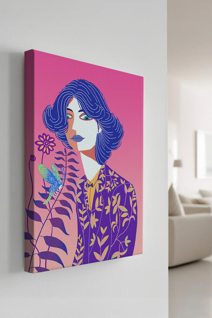 Stylized Portrait of a Woman with Blue Hair and Botanical Pattern