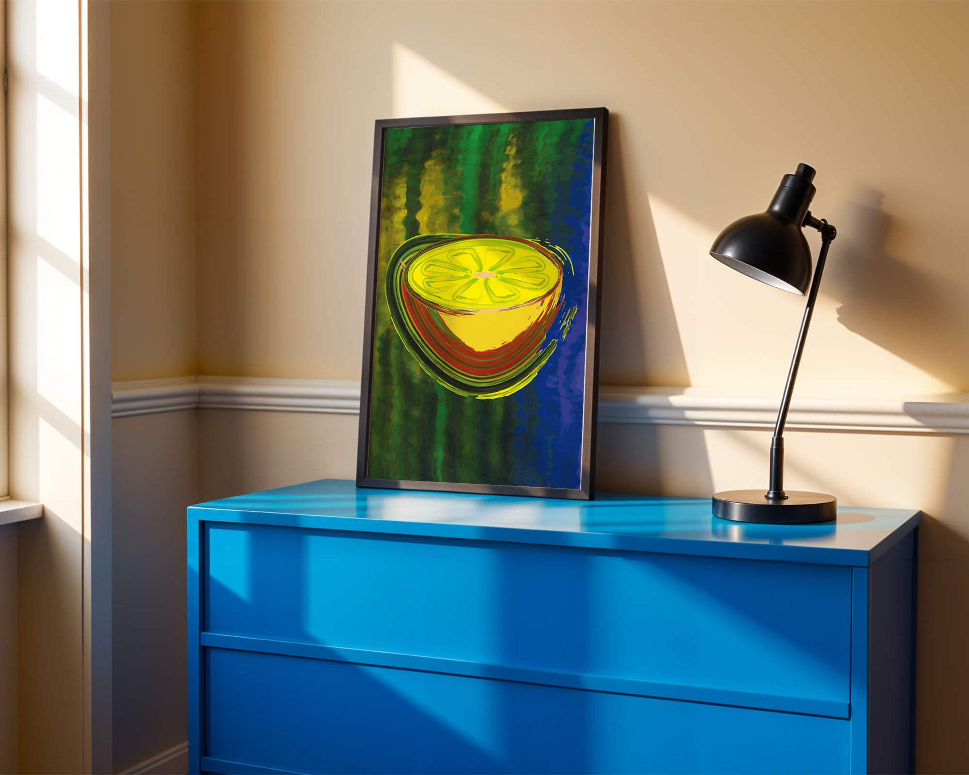 Vibrant abstract lemon slice with a colorful background
