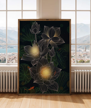 Beautiful lotus flowers with glow effect and koi fish - Mi tienda